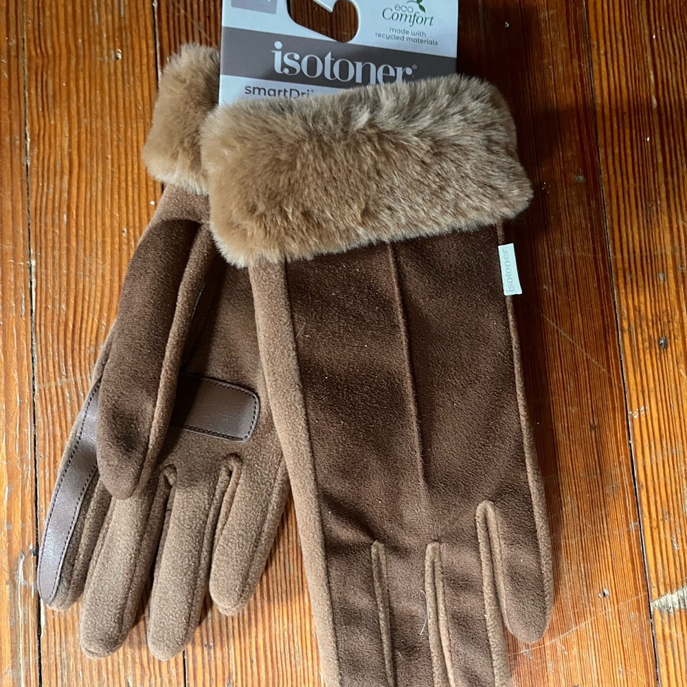 Isotoner Chocolate Brown Gloves with Faux Fur Trim